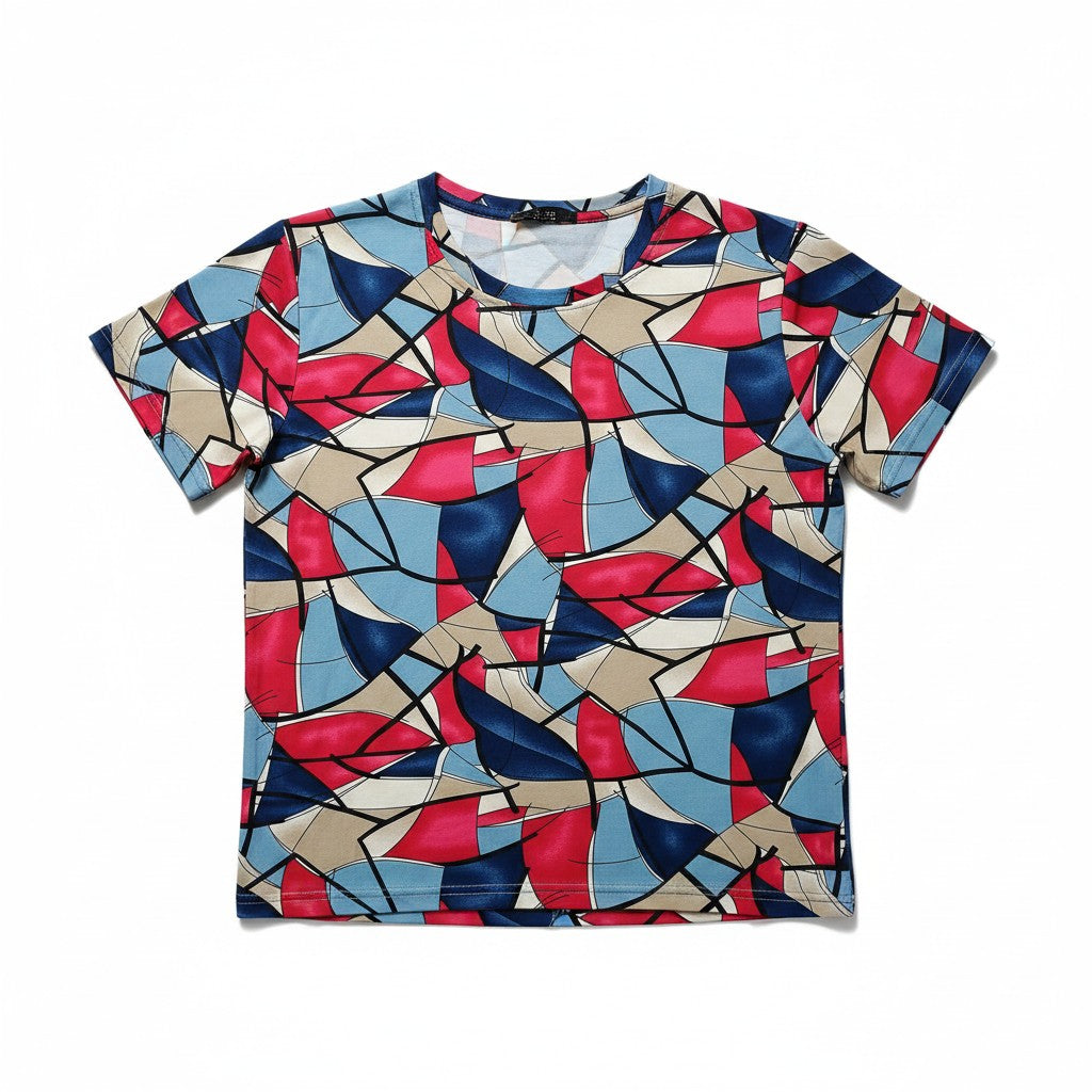 Bluză casual cu mânecă scurtă, imprimeu multicolor, stil modern, ținută smart-casual
