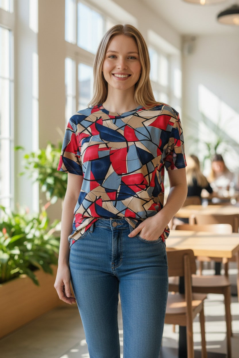 Bluză casual cu mânecă scurtă, imprimeu multicolor, stil modern, ținută smart-casual