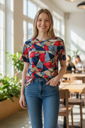 Bluză casual cu mânecă scurtă, imprimeu multicolor, stil modern, ținută smart-casual