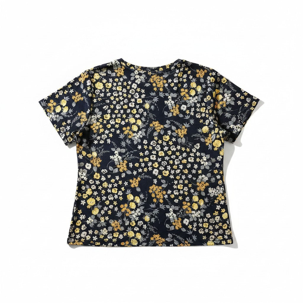 Bluză de damă bleumarin cu imprimeu floral mărunt galben și alb – Summer Sunshine