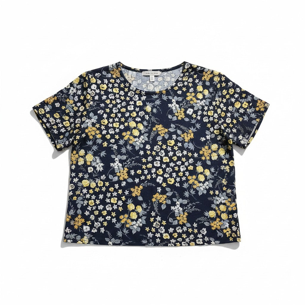Bluză de damă bleumarin cu imprimeu floral mărunt galben și alb – Summer Sunshine