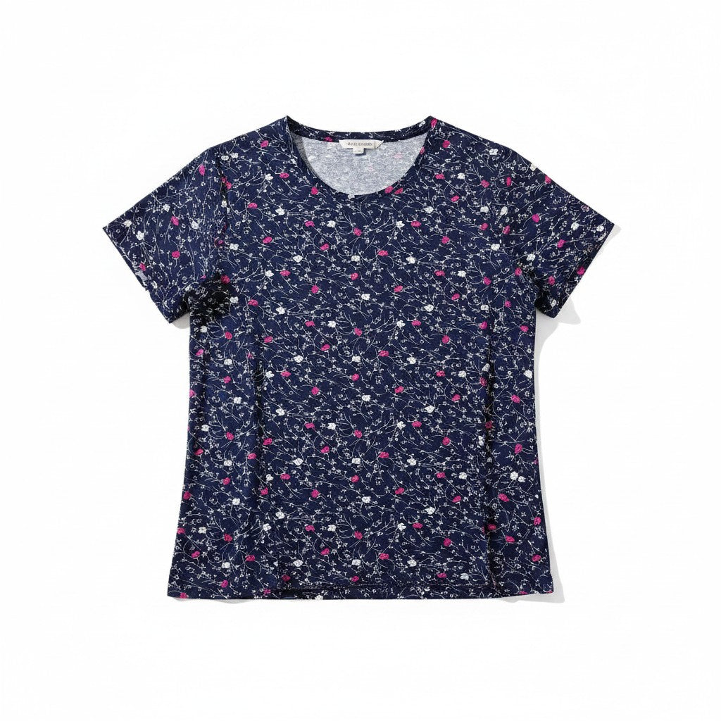 Bluză de damă bleumarin cu imprimeu floral mărunt alb-roz – Midnight Blossom