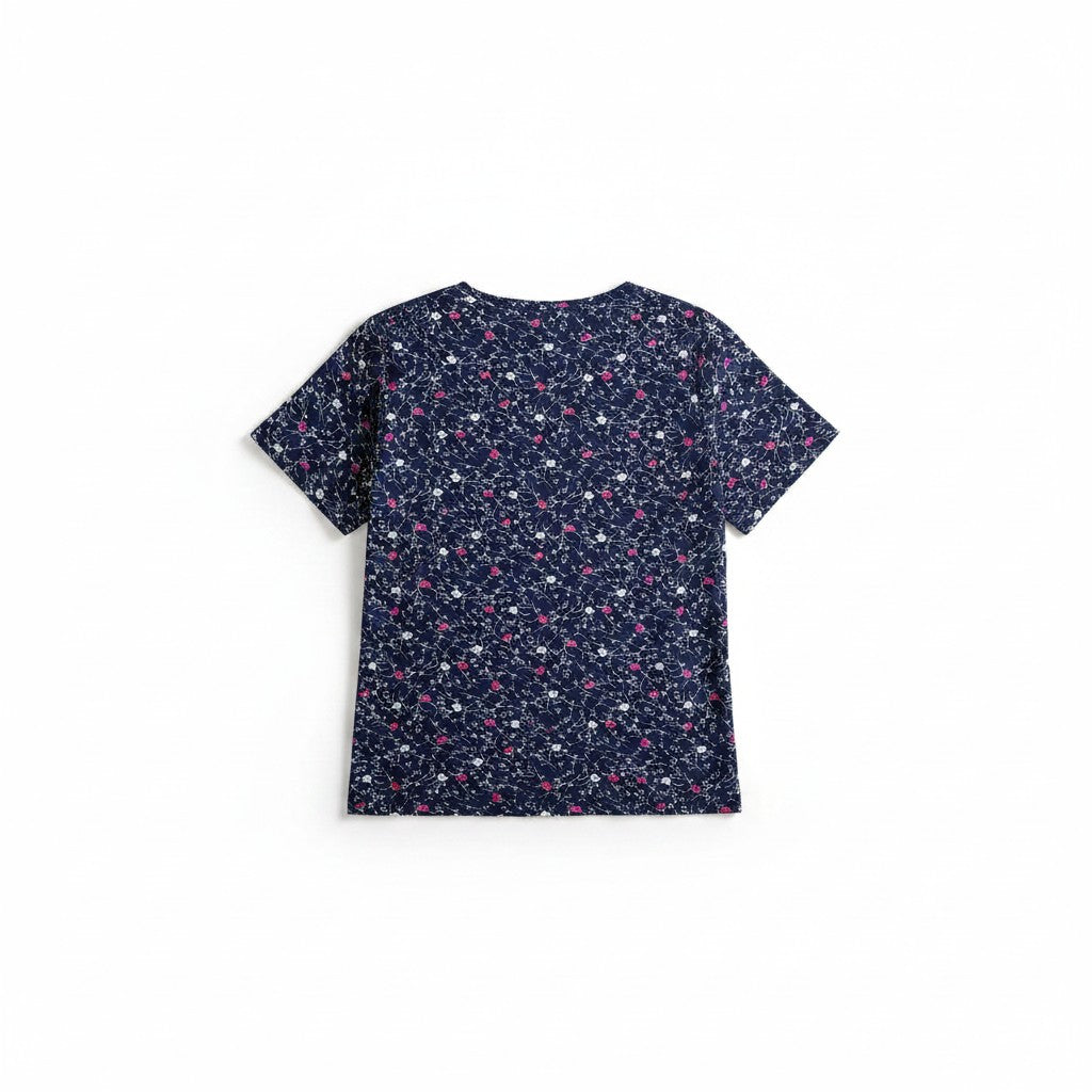 Bluză de damă bleumarin cu imprimeu floral mărunt alb-roz – Midnight Blossom