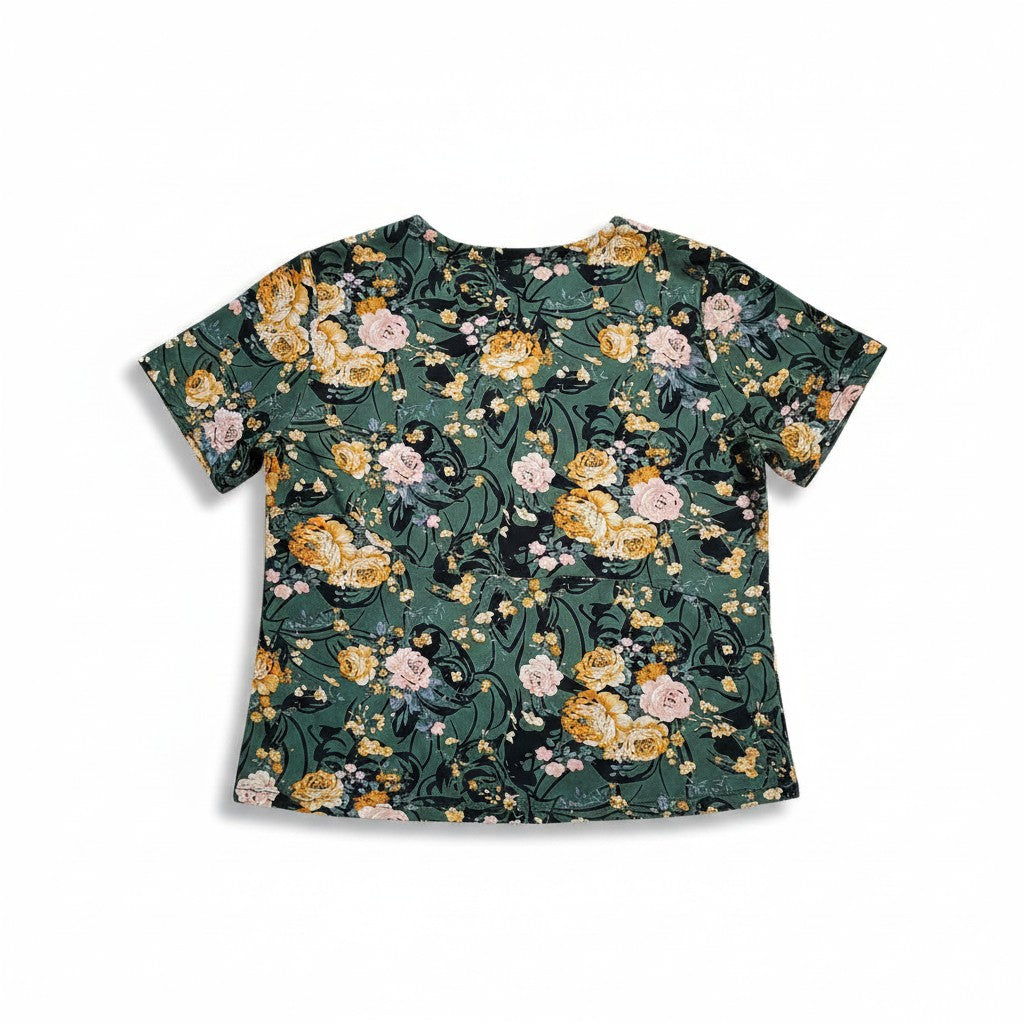 Bluză casual cu mânecă scurtă de damă verde kaki cu imprimeu floral muștar și roz – Secret Garden