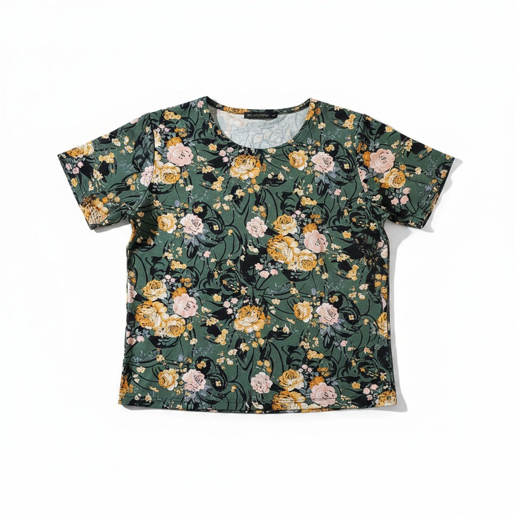 Bluză casual cu mânecă scurtă de damă verde kaki cu imprimeu floral muștar și roz – Secret Garden