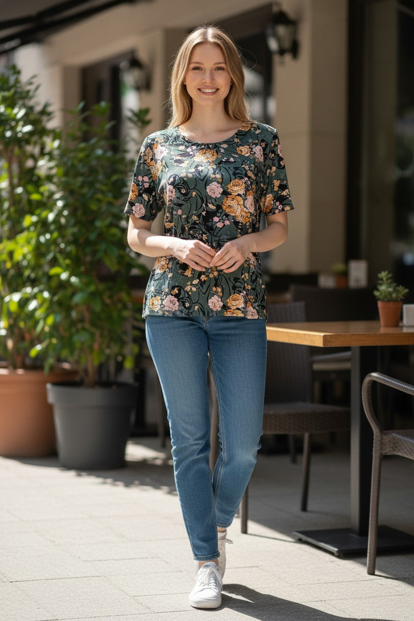 Bluză casual cu mânecă scurtă de damă verde kaki cu imprimeu floral muștar și roz – Secret Garden
