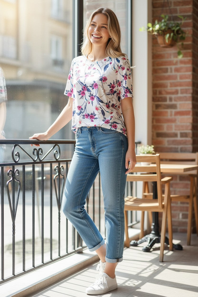 Bluză casual cu mânecă scurtă, de damă alb cu imprimeu floral roz și bleumarin – Blossom Breeze