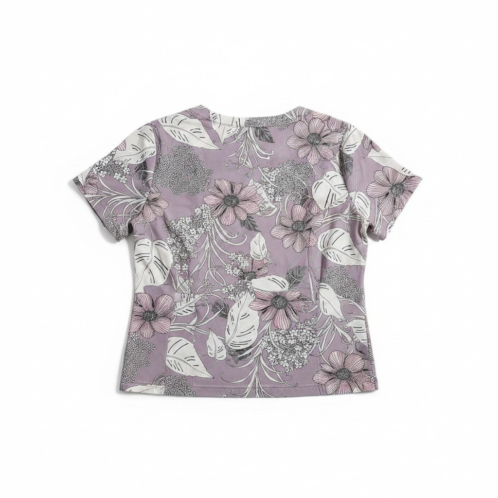 Bluză de damă lila prăfuit cu imprimeu floral mare și frunze – Dusty Lilac