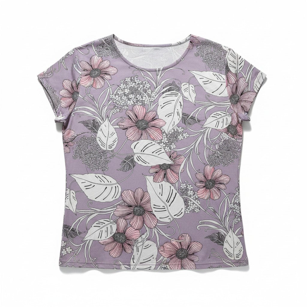 Bluză de damă lila prăfuit cu imprimeu floral mare și frunze – Dusty Lilac