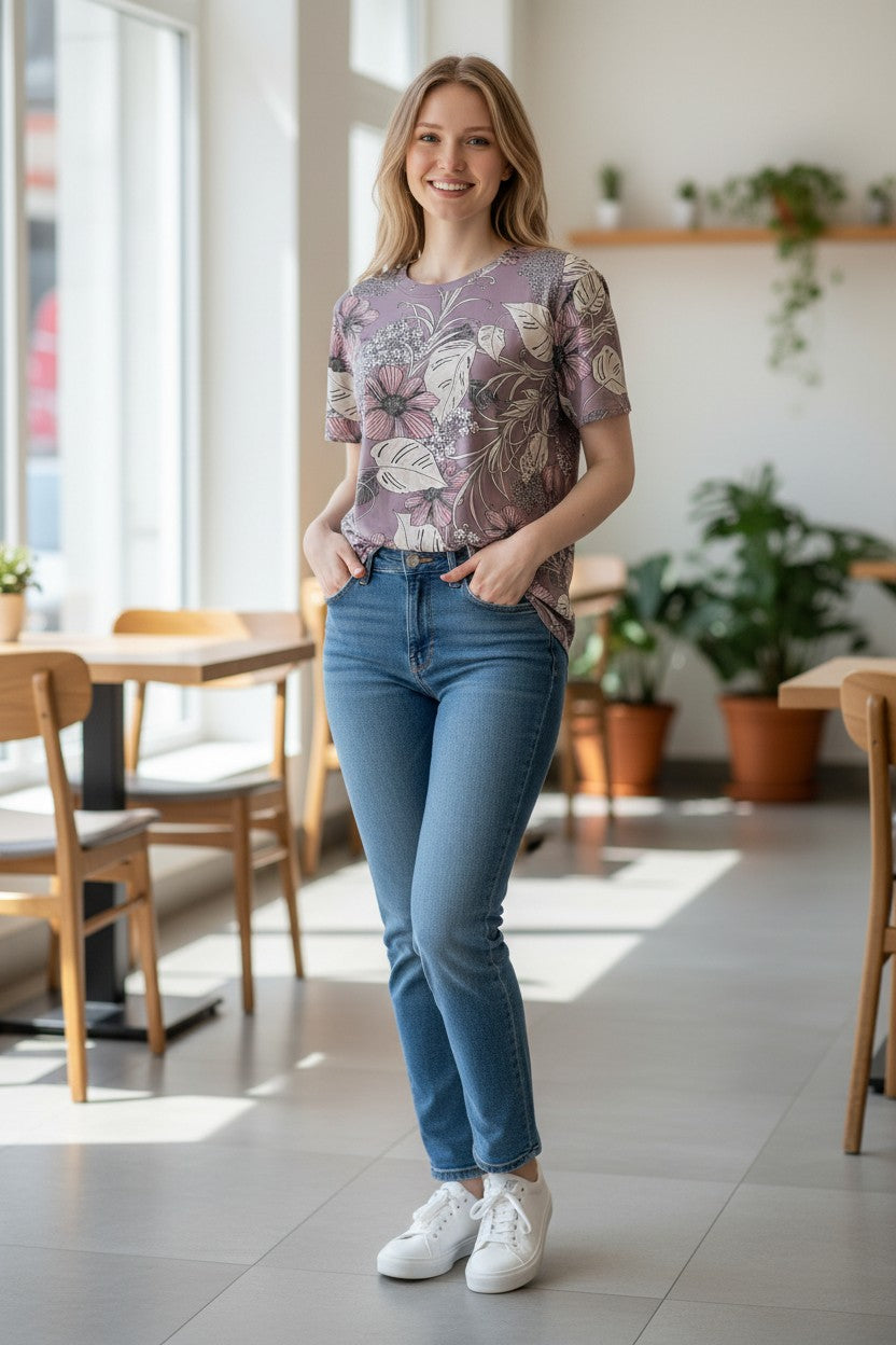Bluză de damă lila prăfuit cu imprimeu floral mare și frunze – Dusty Lilac