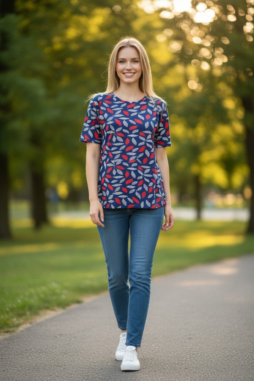Bluză de damă bleumarin cu imprimeu frunze roșii și albe – Scarlet Leaves