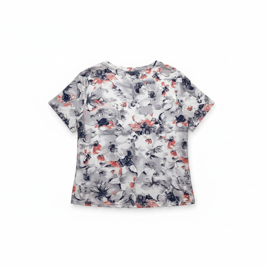 Bluză de Damă cu Imprimeu Floral Ambra – Alb cu Gri și Corai
