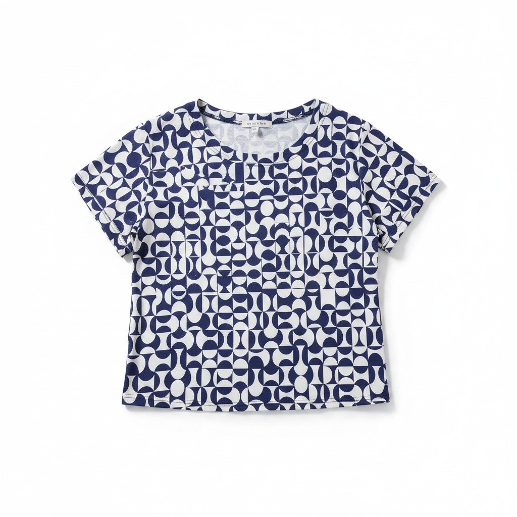Bluză de damă bleumarin cu alb și imprimeu geometric retro – Retro Illusion