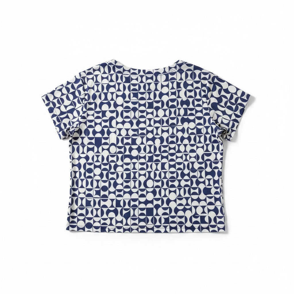 Bluză de damă bleumarin cu alb și imprimeu geometric retro – Retro Illusion