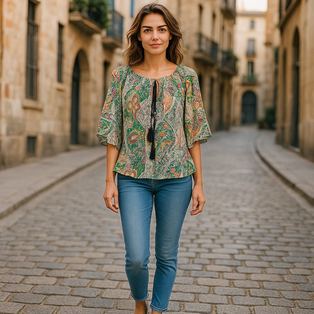 Oversized Style Bluză cu Imprimeu Paisley și Detalii Tip Ie