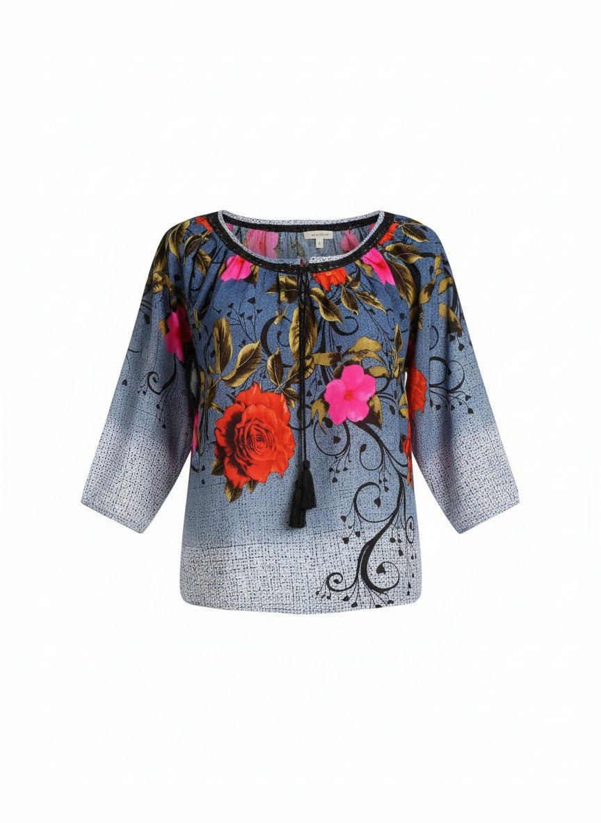 Bluză din rayon mătăsos cu croială peasant, șnur cu ciucuri si broderie florală unică