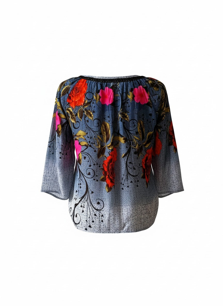 Bluză din rayon mătăsos cu croială peasant, șnur cu ciucuri si broderie florală unică