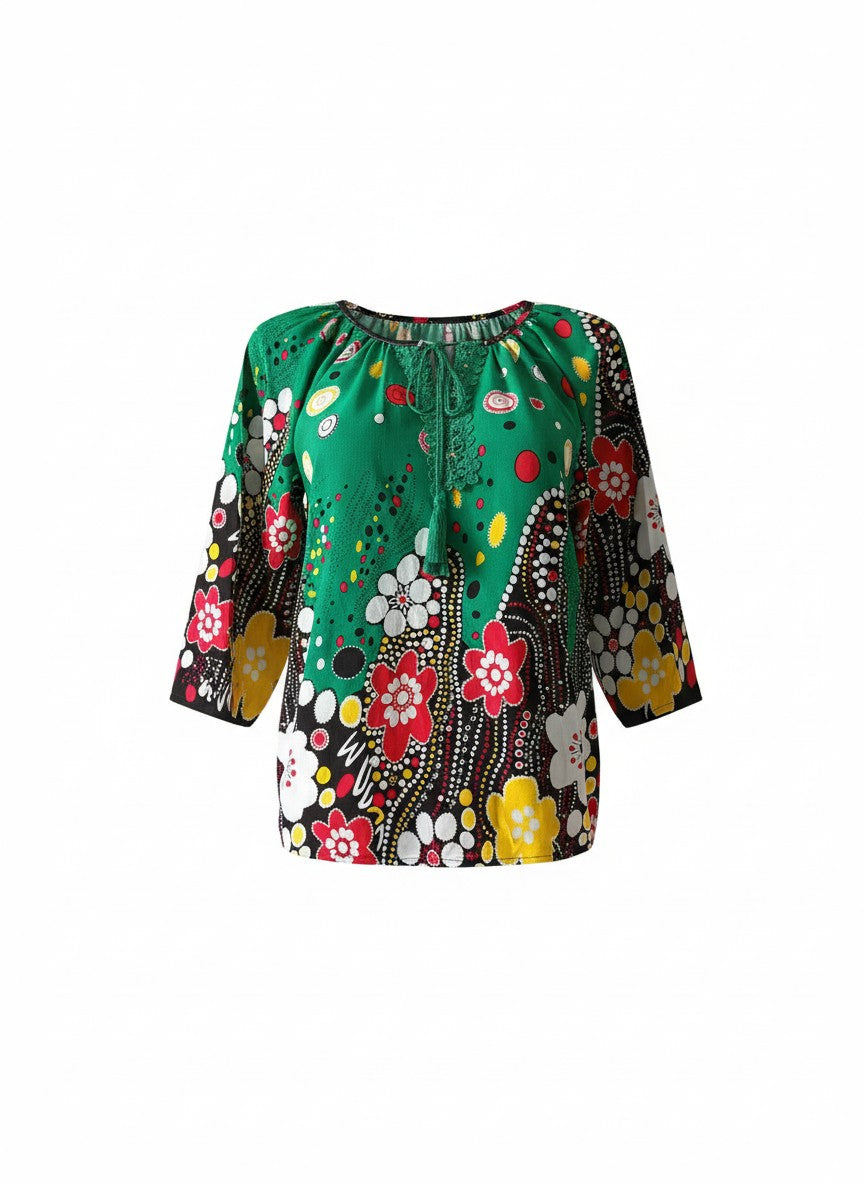 Bluză din rayon mătăsos cu croială peasant, șnur cu ciucuri si broderie florală unică