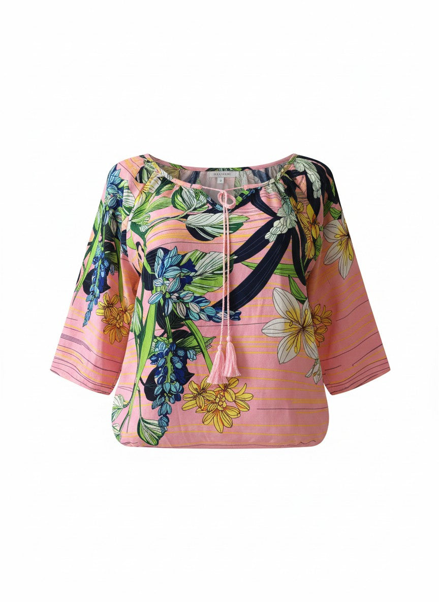 Bluză din rayon mătăsos cu croială peasant, șnur cu ciucuri si broderie florală unică