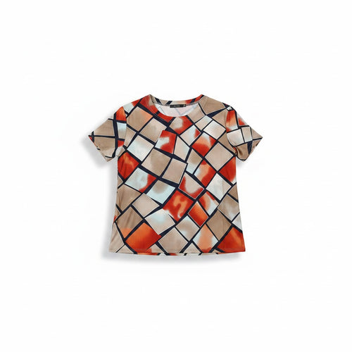 Bluză casual din material fluid cu decolteu simplu și imprimeu mozaic abstract
