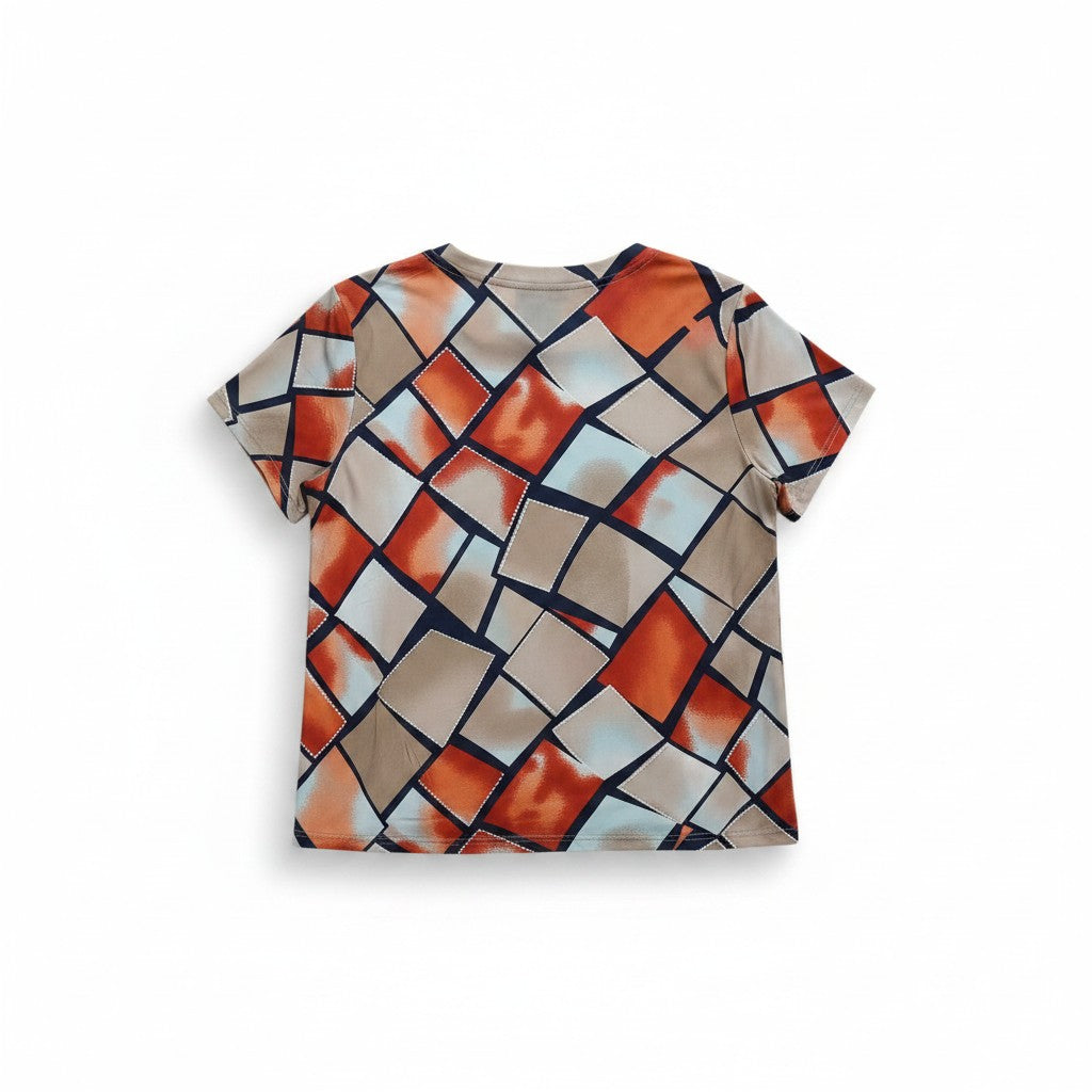 Bluză casual din material fluid cu decolteu simplu și imprimeu mozaic abstract