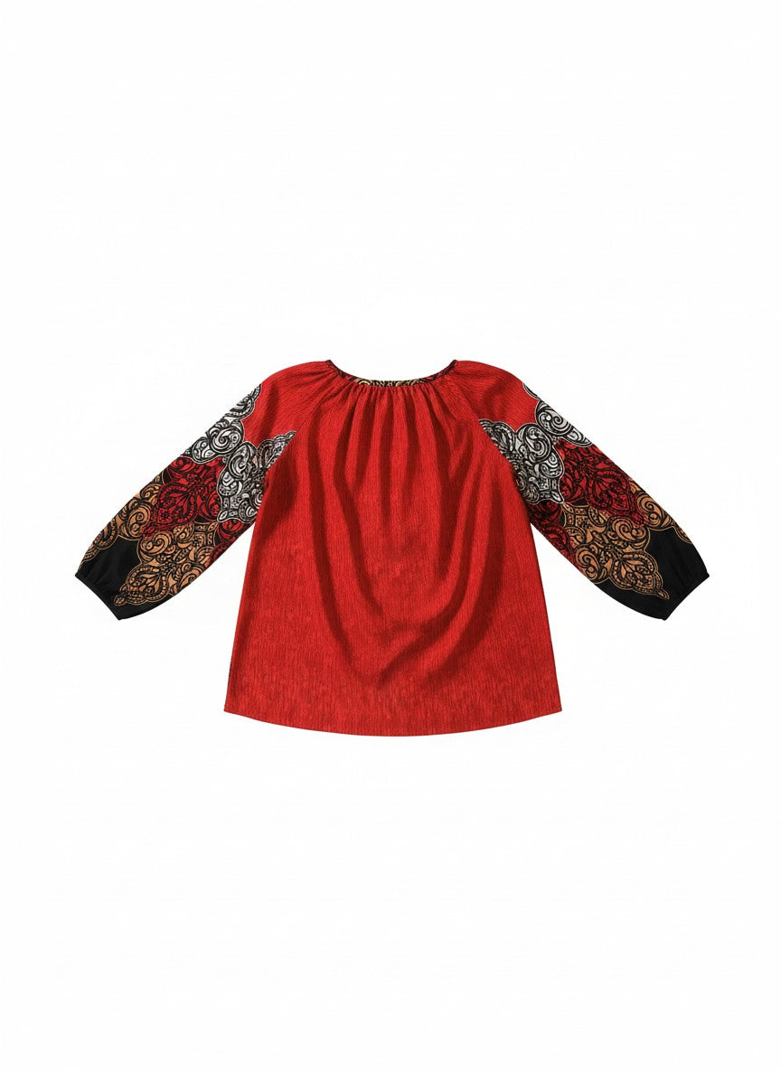 Bluză din rayon mătăsos cu croială peasant, șnur cu ciucuri si broderie florală unică
