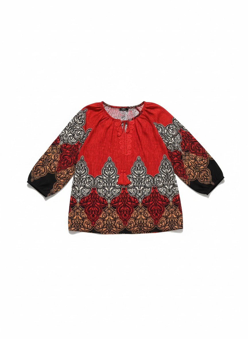 Bluză din rayon mătăsos cu croială peasant, șnur cu ciucuri si broderie florală unică