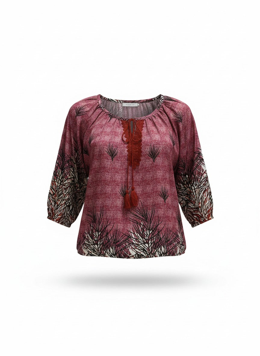 Bluză din rayon mătăsos cu croială peasant, șnur cu ciucuri si broderie florală unică
