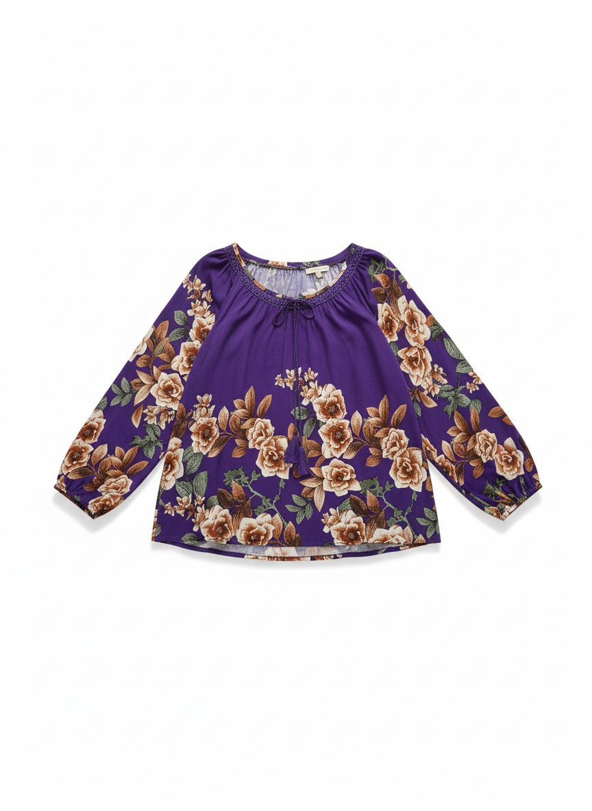 Bluză din rayon mătăsos cu croială peasant, șnur cu ciucuri si broderie florală unică