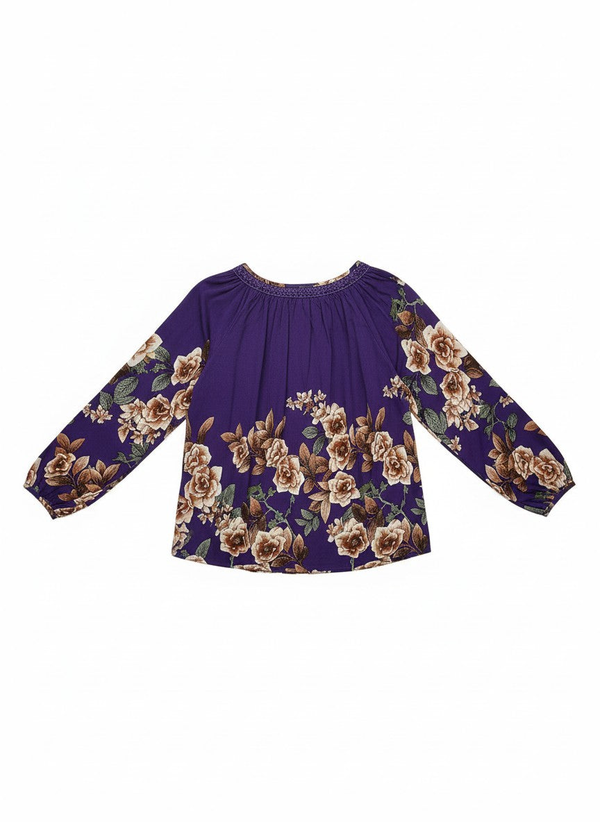 Bluză din rayon mătăsos cu croială peasant, șnur cu ciucuri si broderie florală unică
