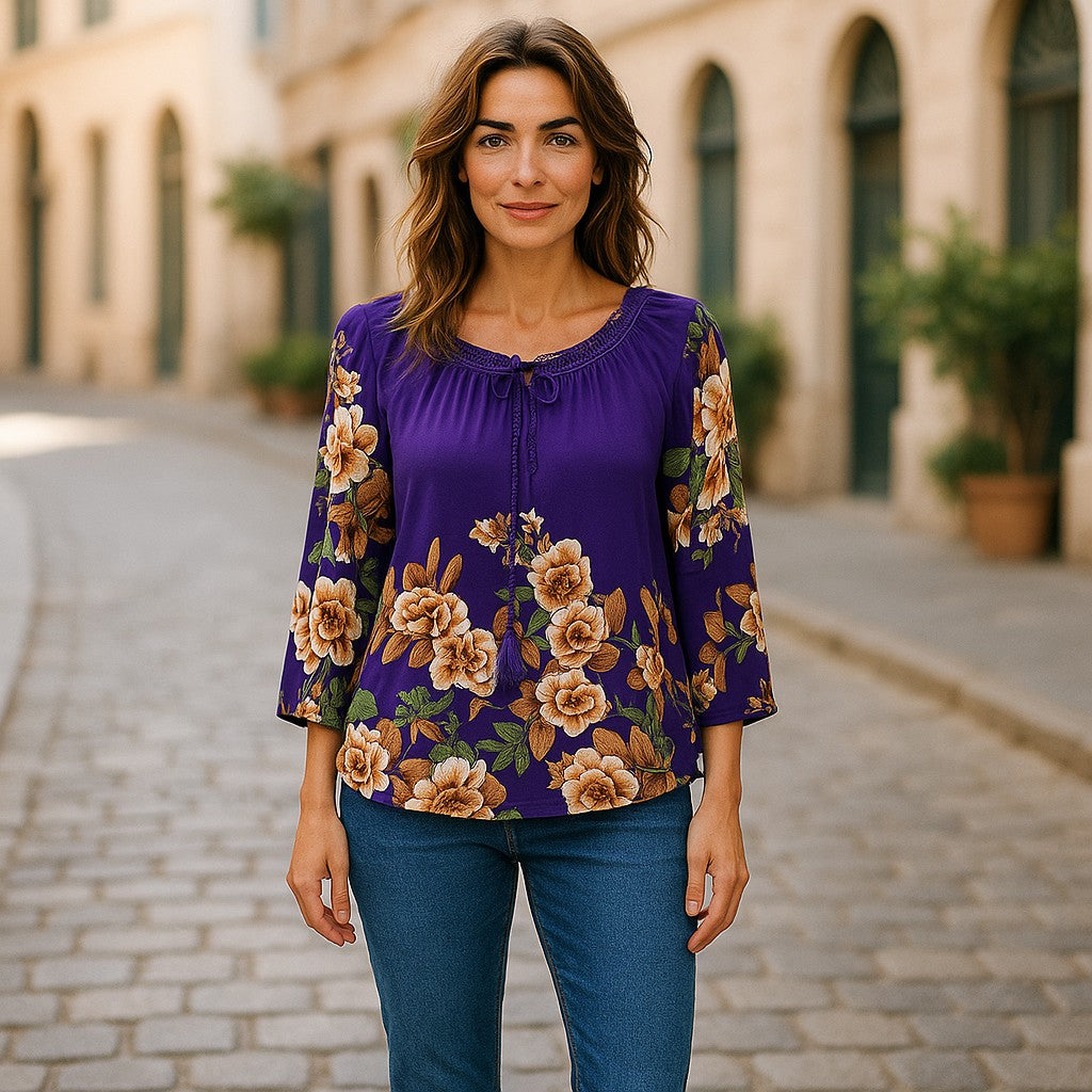 Bluză din rayon mătăsos cu croială peasant, șnur cu ciucuri si broderie florală unică