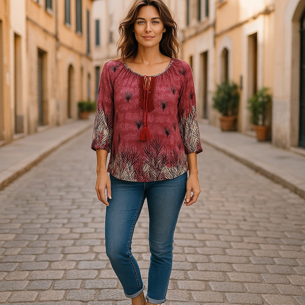 Bluză din rayon mătăsos cu croială peasant, șnur cu ciucuri si broderie florală unică