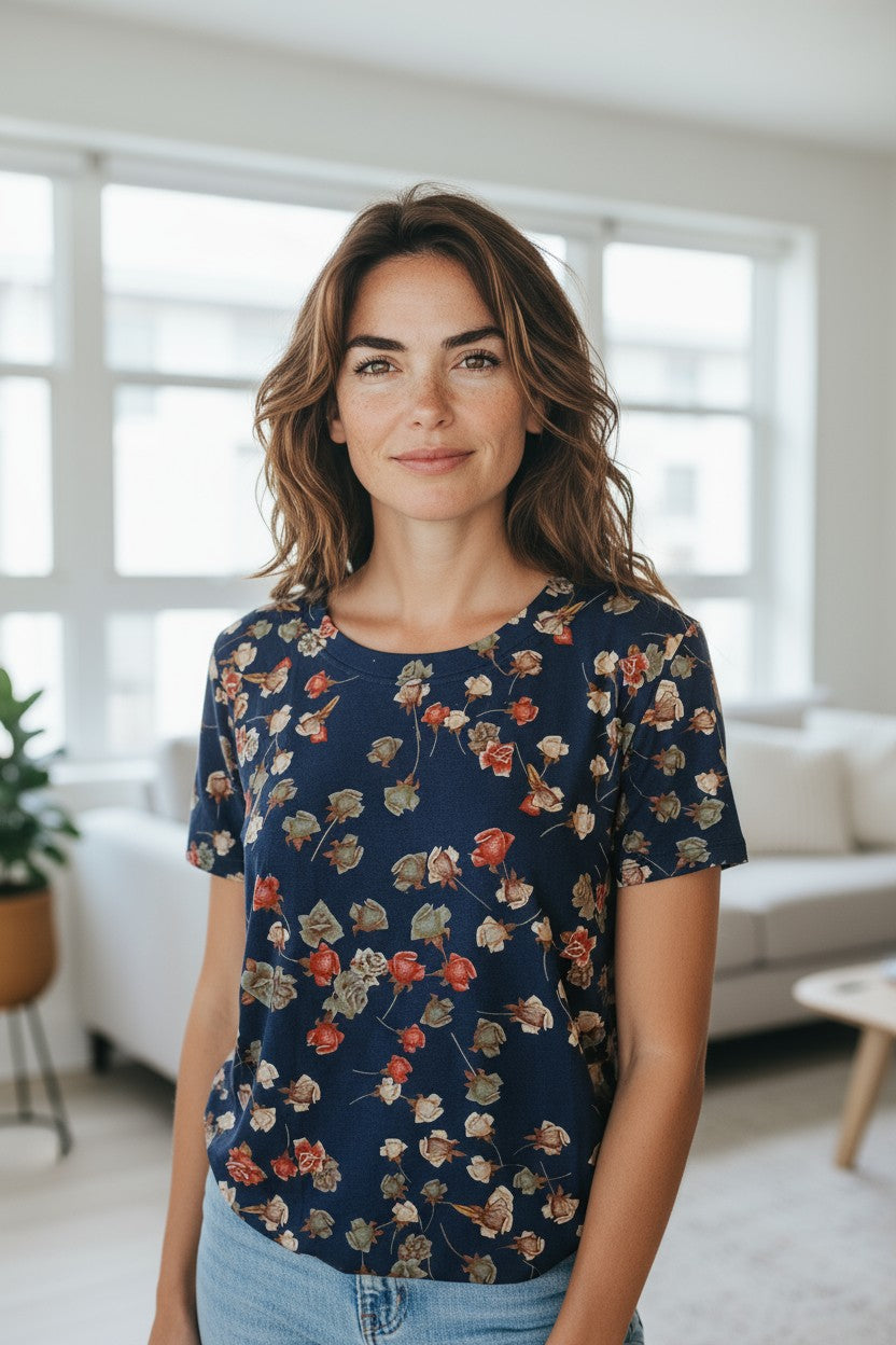 Bluză casual damă imprimeu floral bumbac 65% model Trandafiri Tovio
