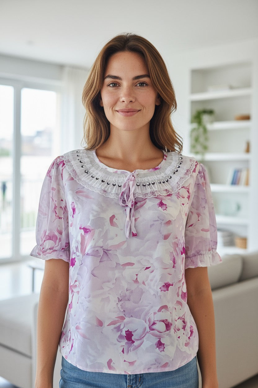 Bluză Lilac Vintage Collar Coquette