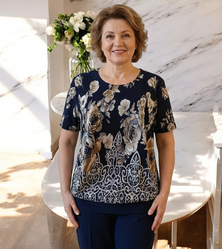 Bluză Casual-Elegantă – Model Rafinat cu Flori și Detalii Geometrice