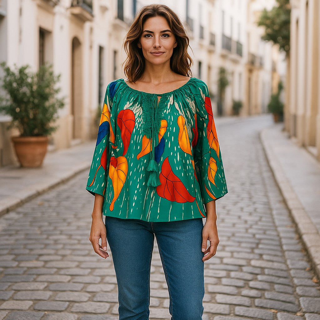 Bluză din rayon mătăsos cu croială peasant, șnur cu ciucuri si broderie florală unică