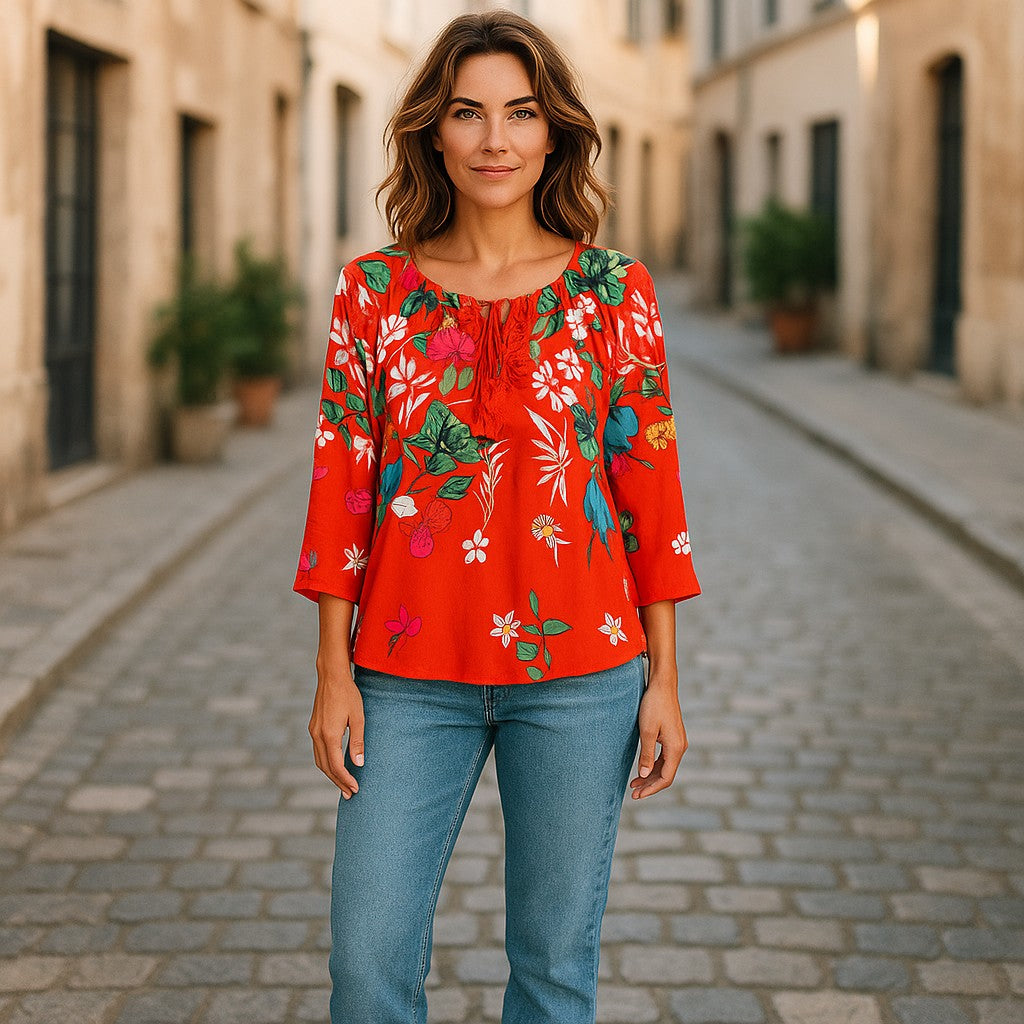 Bluză din rayon mătăsos cu croială peasant, șnur cu ciucuri si broderie florală unică
