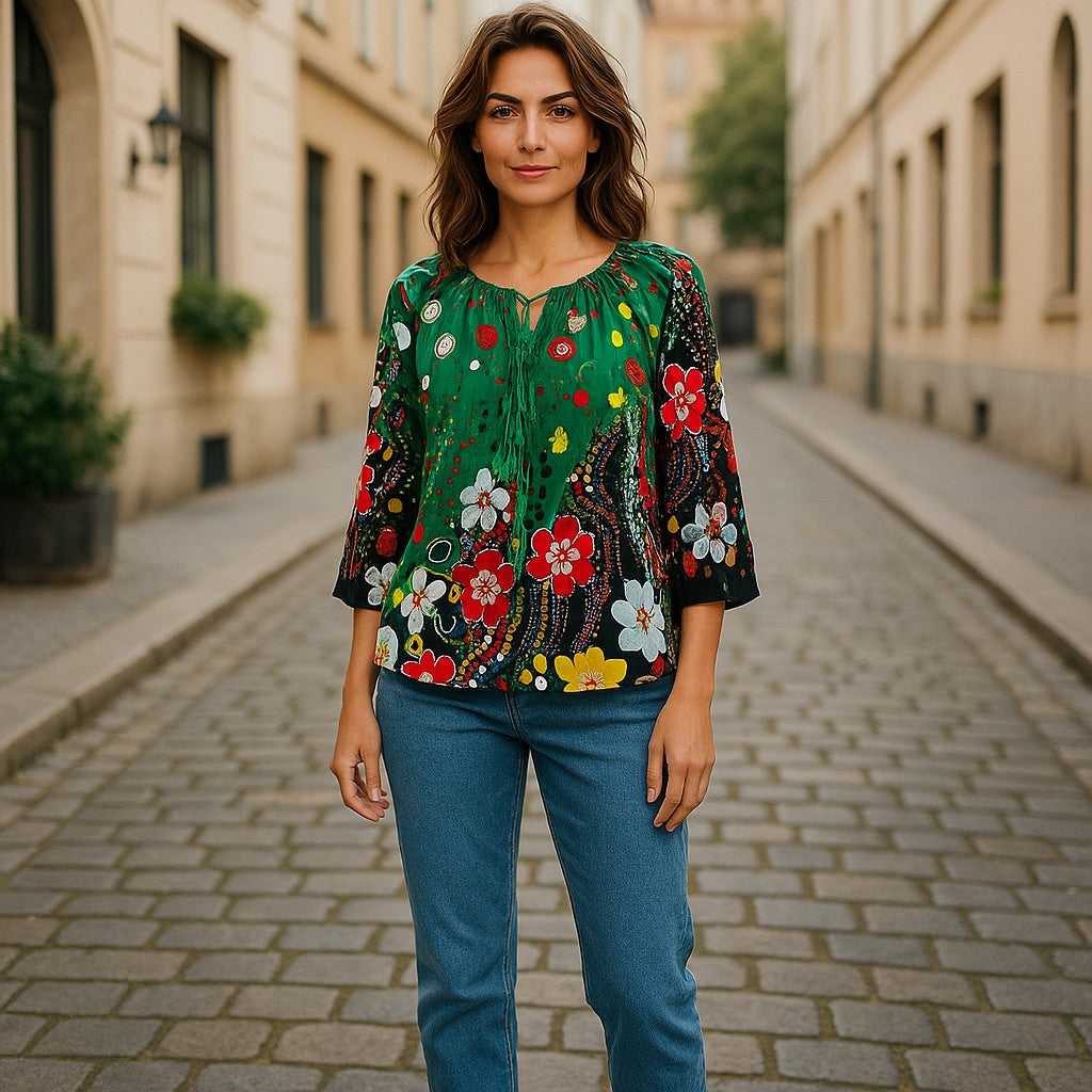 Bluză din rayon mătăsos cu croială peasant, șnur cu ciucuri si broderie florală unică