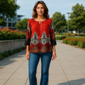 Bluză din rayon mătăsos cu croială peasant, șnur cu ciucuri si broderie florală unică