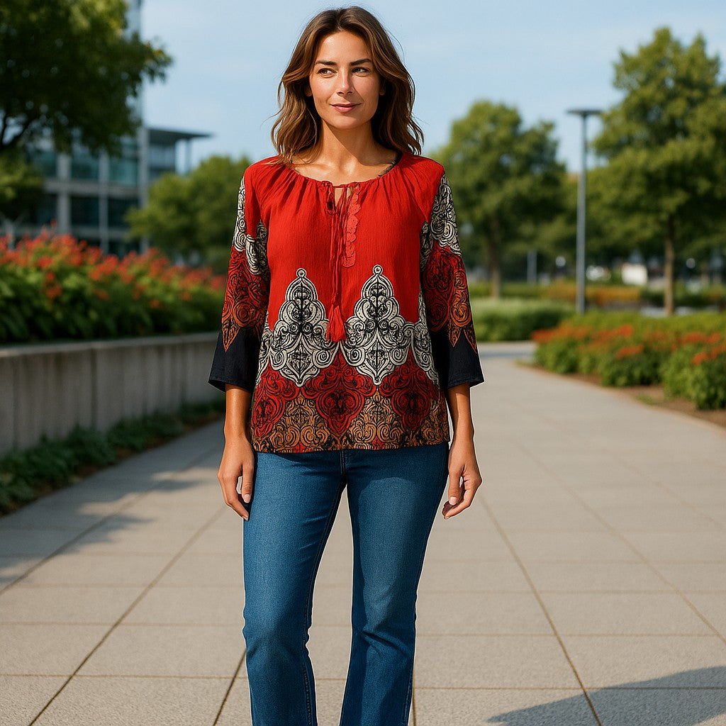 Bluză din rayon mătăsos cu croială peasant, șnur cu ciucuri si broderie florală unică