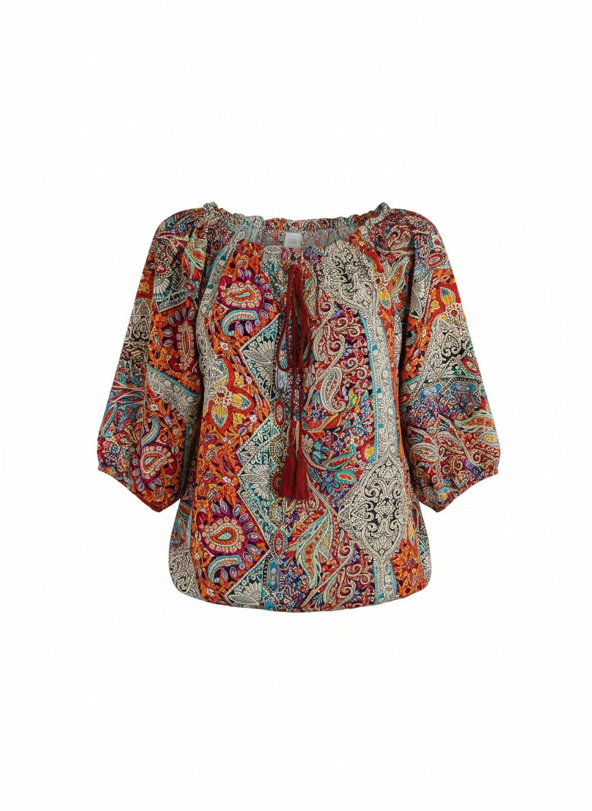 Oversized Style Bluză cu Imprimeu Paisley și Detalii Tip Ie