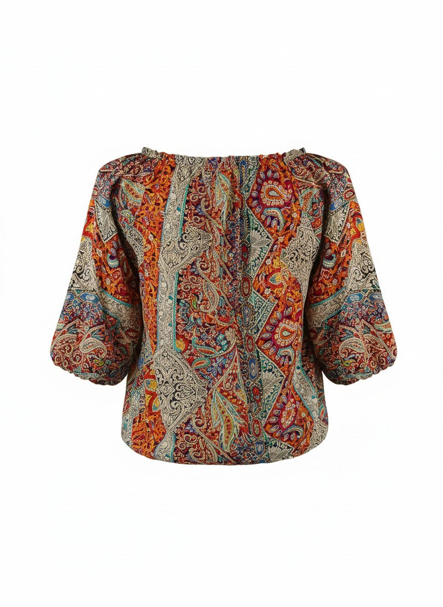 Oversized Style Bluză cu Imprimeu Paisley și Detalii Tip Ie