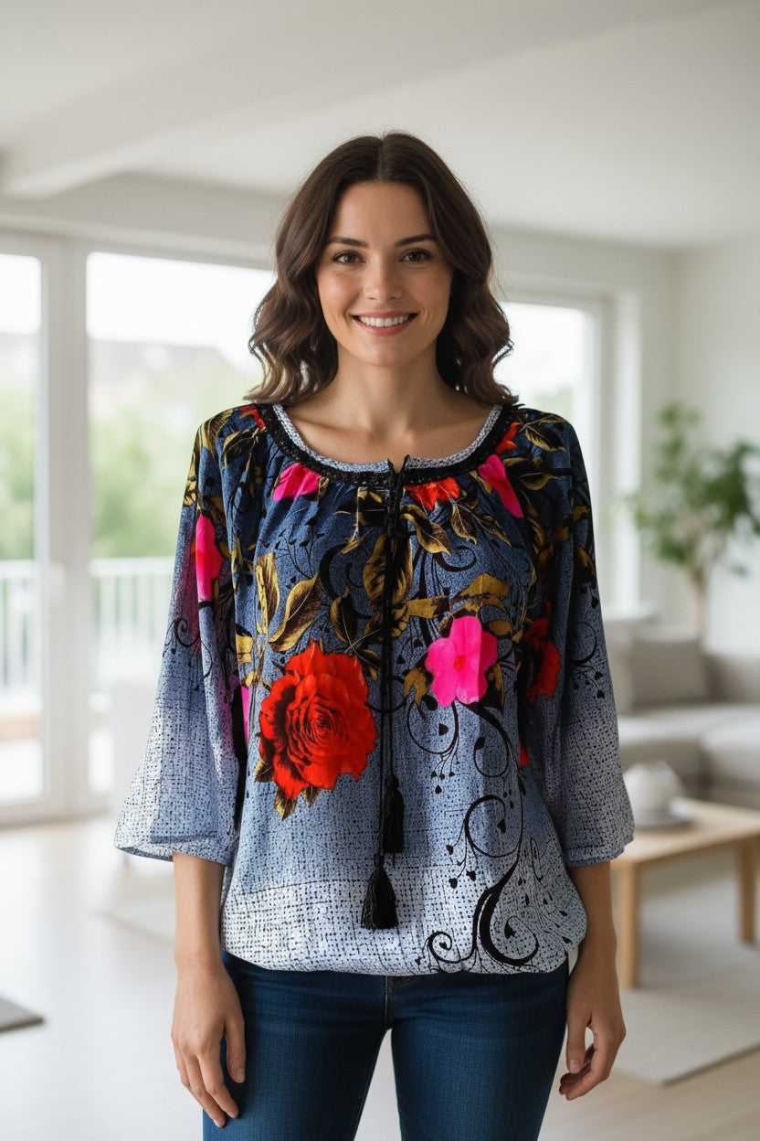 Bluză din rayon mătăsos cu croială peasant, șnur cu ciucuri si broderie florală unică
