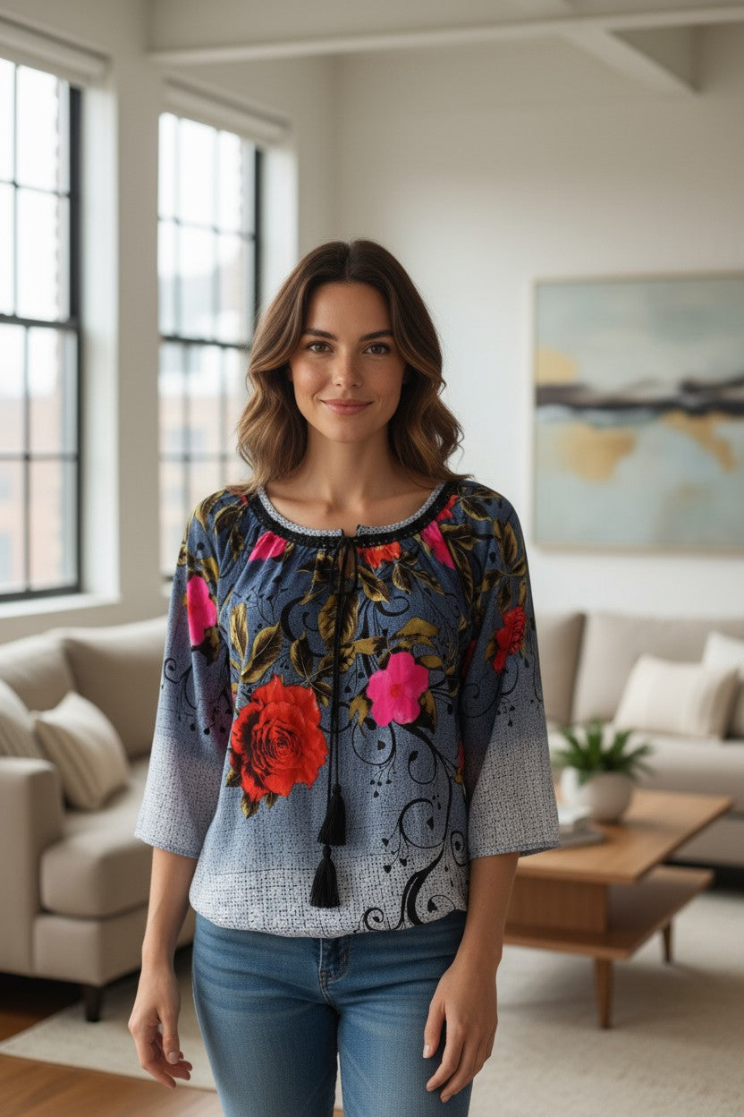 Bluză din rayon mătăsos cu croială peasant, șnur cu ciucuri si broderie florală unică
