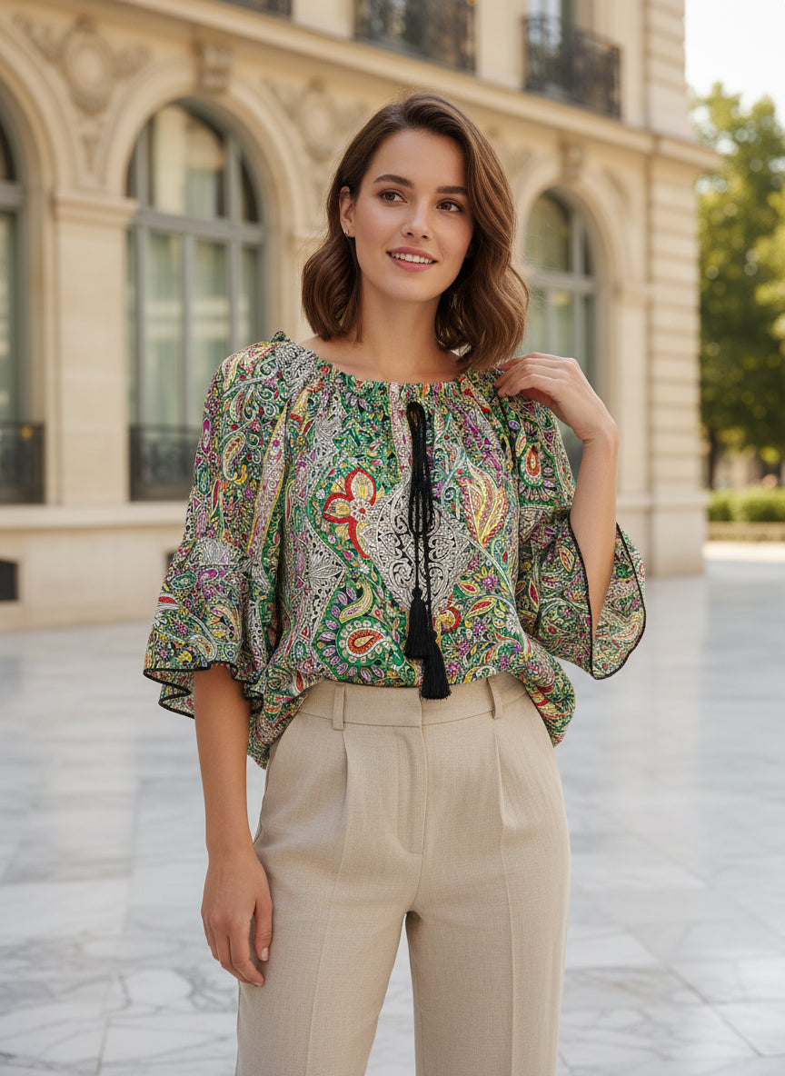Oversized Style Bluză cu Imprimeu Paisley și Detalii Tip Ie
